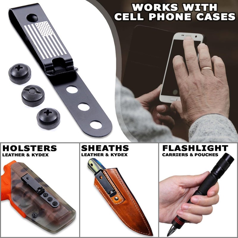 Holstex Universal Metal Belt Clip for Holster Making - (Model 5) - (3-Hole) - (Tactical Black) - (w/USA Flag Engraving) - (w/Mounting Hardware) - (1 Pack) - Image 2